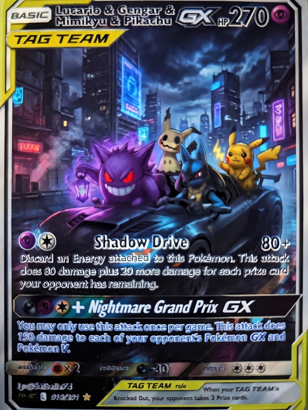 Lucario & Gengar & Mimikyu & Pikachu GX Tag Team Card - Black & Purple